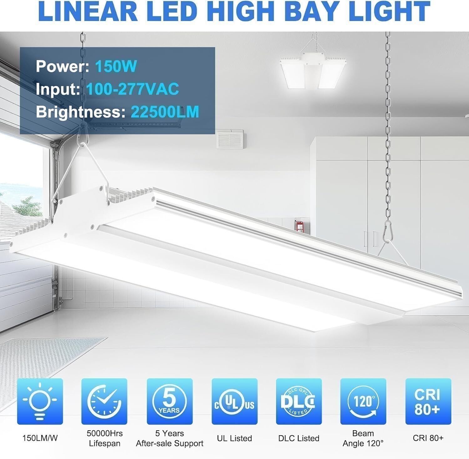 150W LED Linear High Bay Shop Light 22,500lm Commercial Hanging Warehouse Light