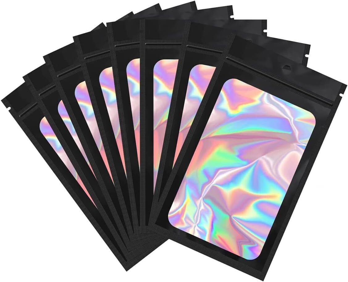 100 Holographic Mylar Foil Bags Smell Proof Clear Resealable Zipper Pouch 3″x5″