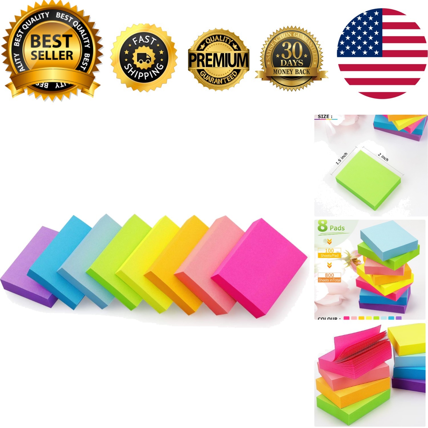 Sticky Notes 1.5×2 inch Bright Colors Self-Stick Pads 8 Pads/Pack 100 Sheets/…