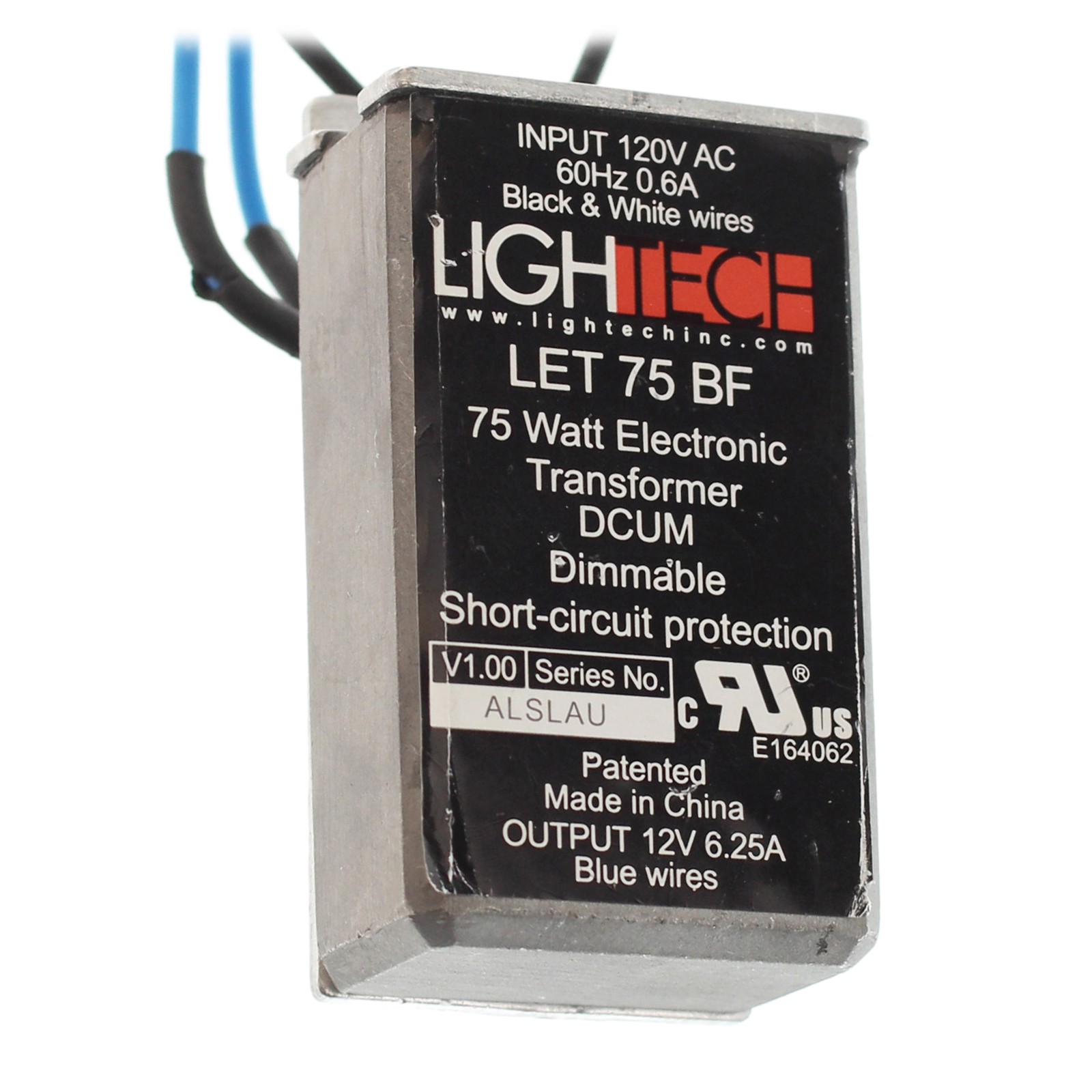 LIGHTECH LET-75-BF LOW-VOLTAGE DIMMABLE TRANSFORMER, 120V-IN, 12VAC @ 75W OUT