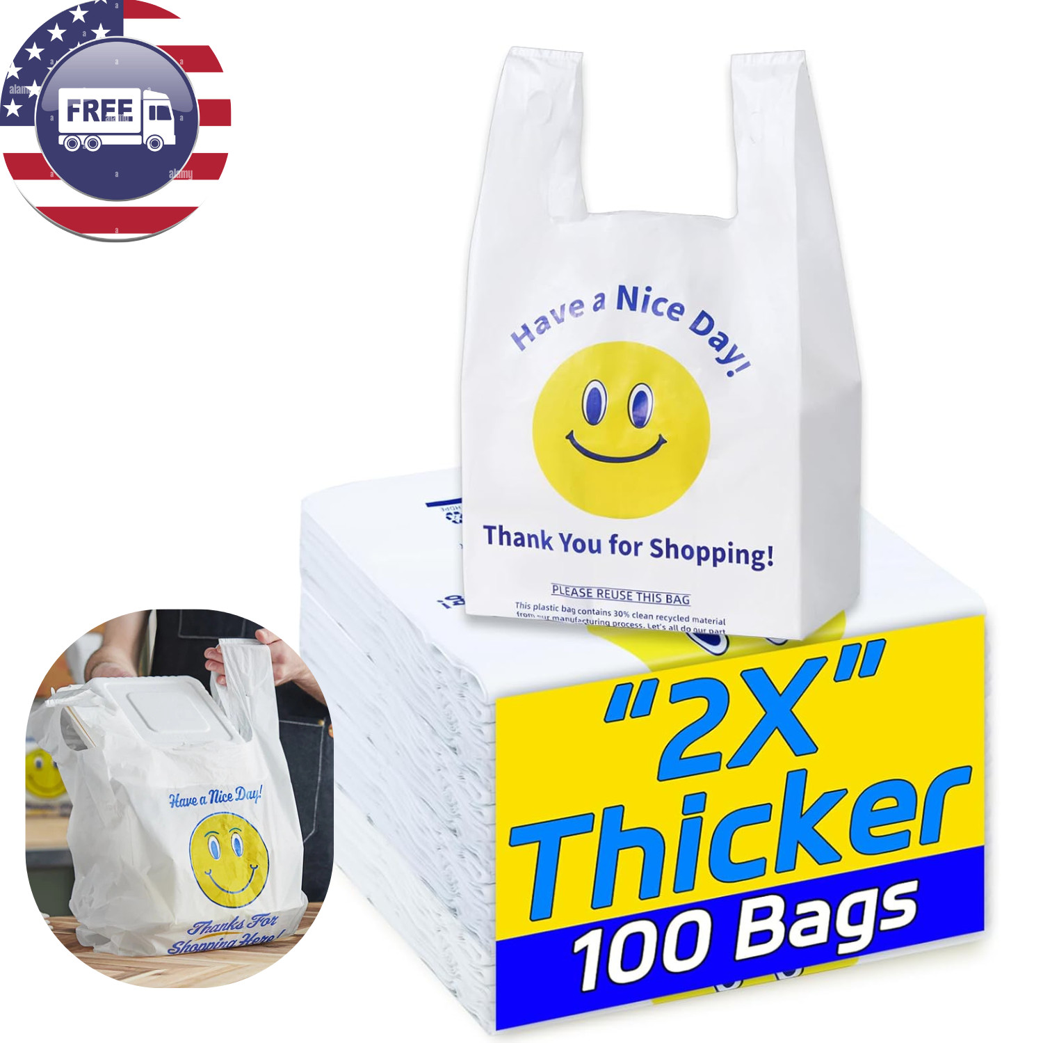 100 Count, Plastic Bags with Handles, T-Shirt Bags Large 11″x6″x21″, Heavy Duty