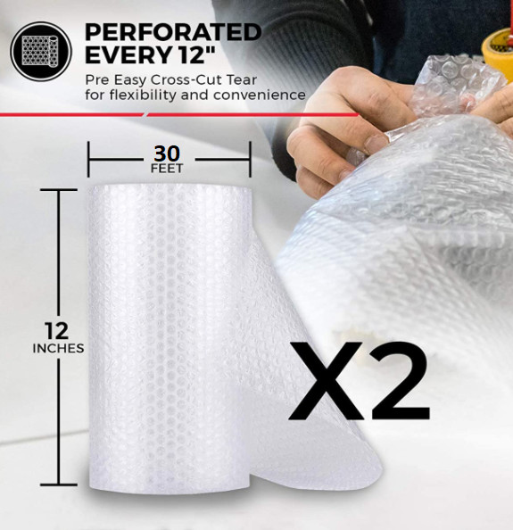 2 Rolls 12″ x 30 ft. Bubble Cushioning Wrap Shipping Packing Moving Supplies