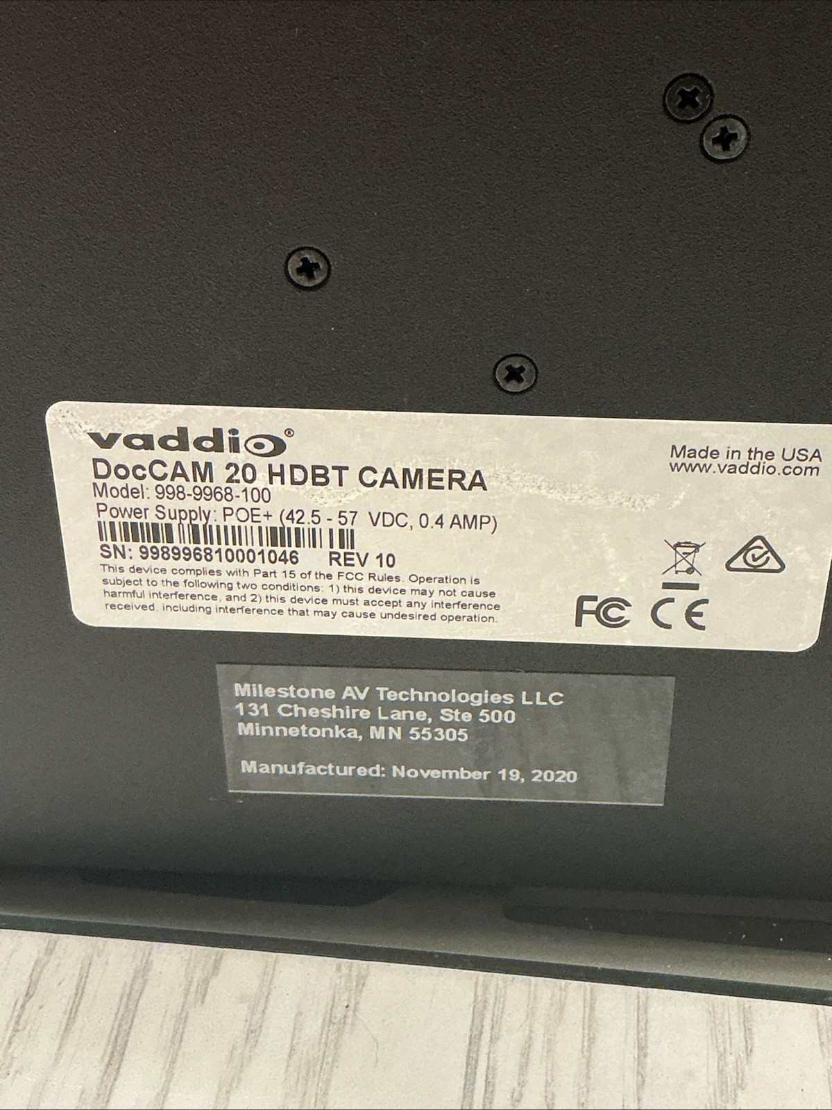 Vaddio DocCAM 20 HDBT Ceiling-Mounted Document Camera 999-9968-200 *NEW*