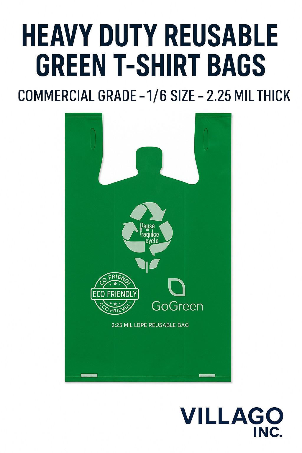“Green T-Shirt Bags 1/6 Size 2.25 Mil Reusable Heavy Duty Plastic Grocery Sacks”