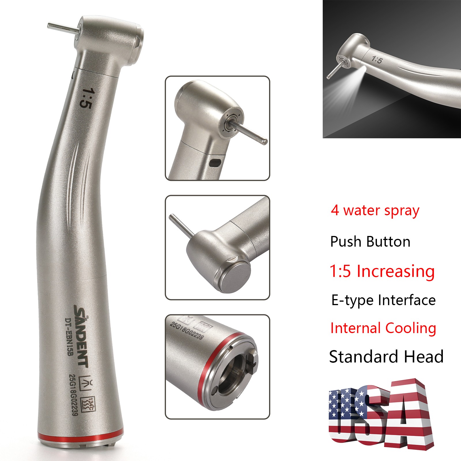 SANDENT Dental 1:5 LED Contra Angle Handpiece Standard Internal Four Spray UD