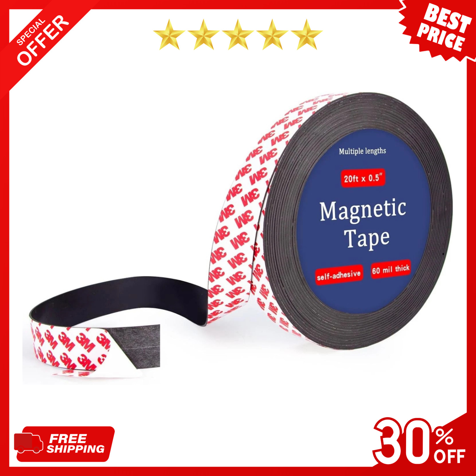20 Feet Magnetic Tape Strip Roll with 3M Self Adhesive Backing, 1/2 in Width Fle