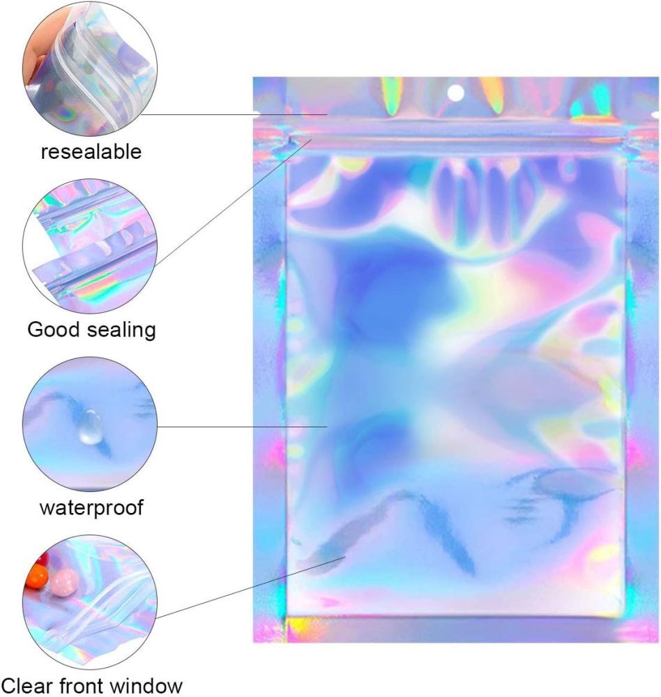100/200 Resealable Holographic Mylar Foil Bags Zip Lock Pouch Clear Front 3 Size