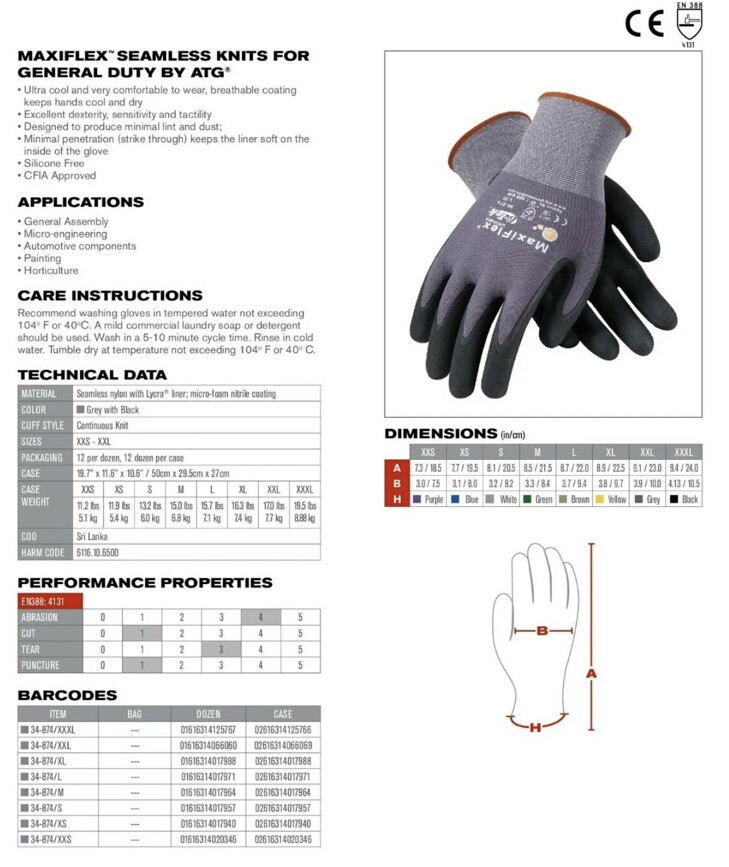 1 PR 34-874 MaxiFlex ATG Ultimate Nitrile Micro Nitrate Coated XL PIP