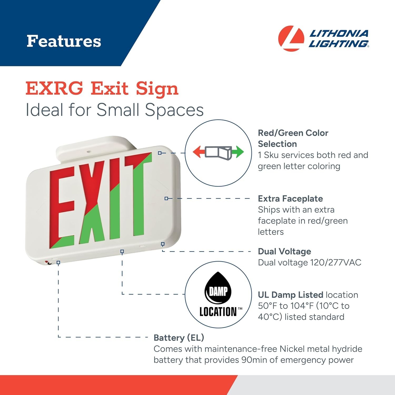 LED Exit Sign – Switchable Red & Green, Thermoplastic Design, Listed