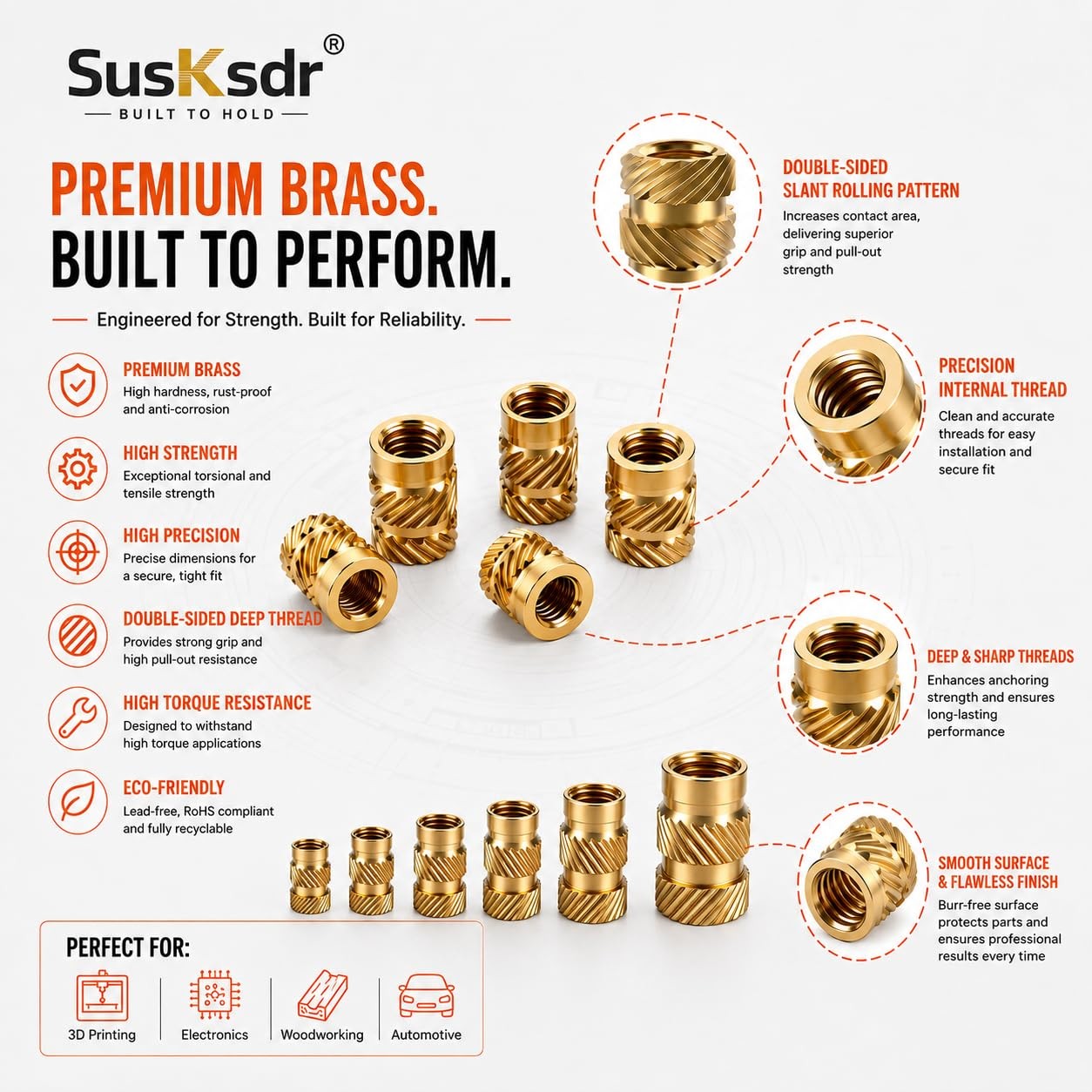 580+7PCS Heat Set Threaded Inserts Kit, M2, M2.5, M3, M4, M5, M6, brass color