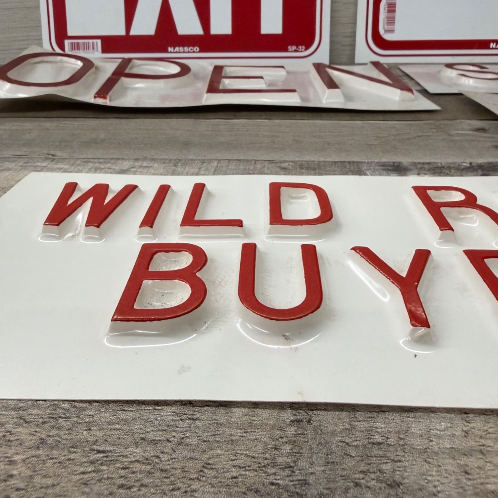 Vintage Red & White Plastic Sign Lots – Exit Yard Sale Open Wild Rice Buyer Door