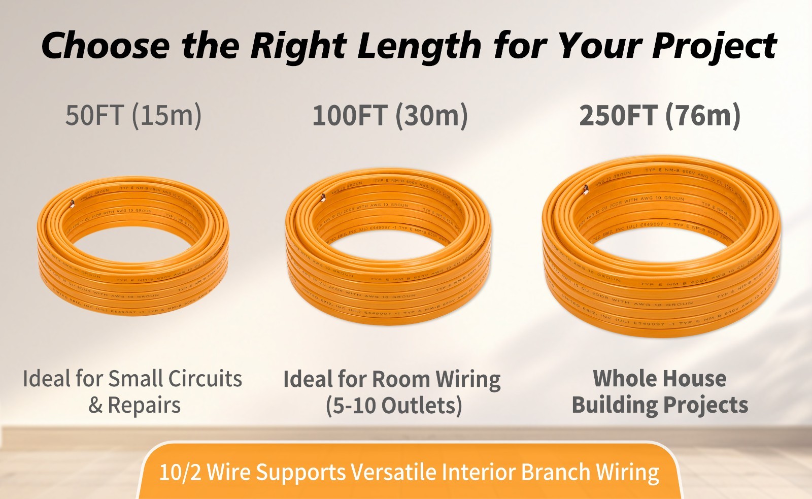 10/2 NM-B Cable 100FT w/Ground Solid Copper 600V UL Listed Orange Jacket