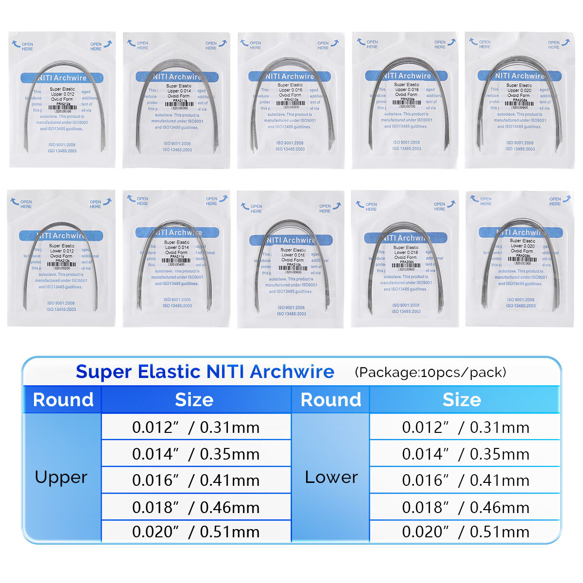 10pcs Dental Orthodontic Super Elastic Niti Round Arch Wire Ovoid Form 012-020
