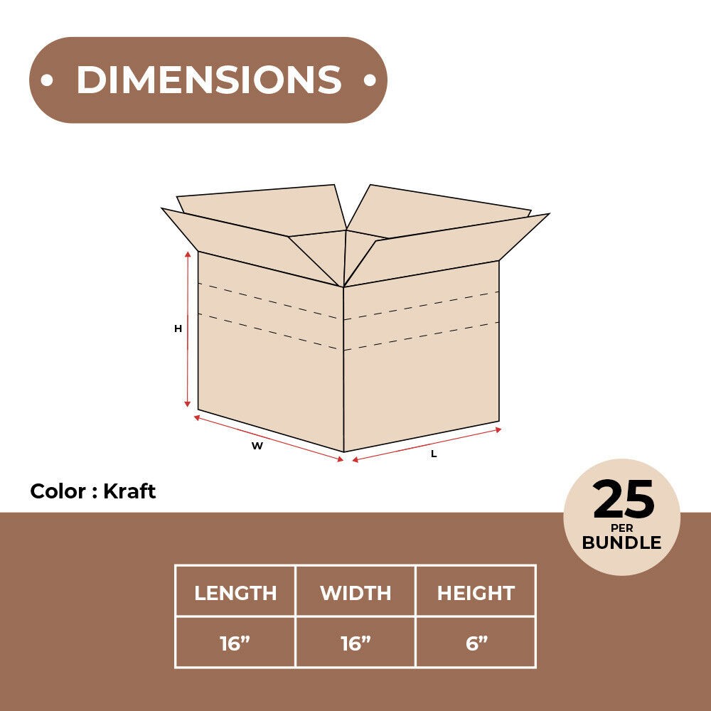 16 x 16 x 6″ Multi-Depth Corrugated Boxes, Brown 25/Bundle ECT-32