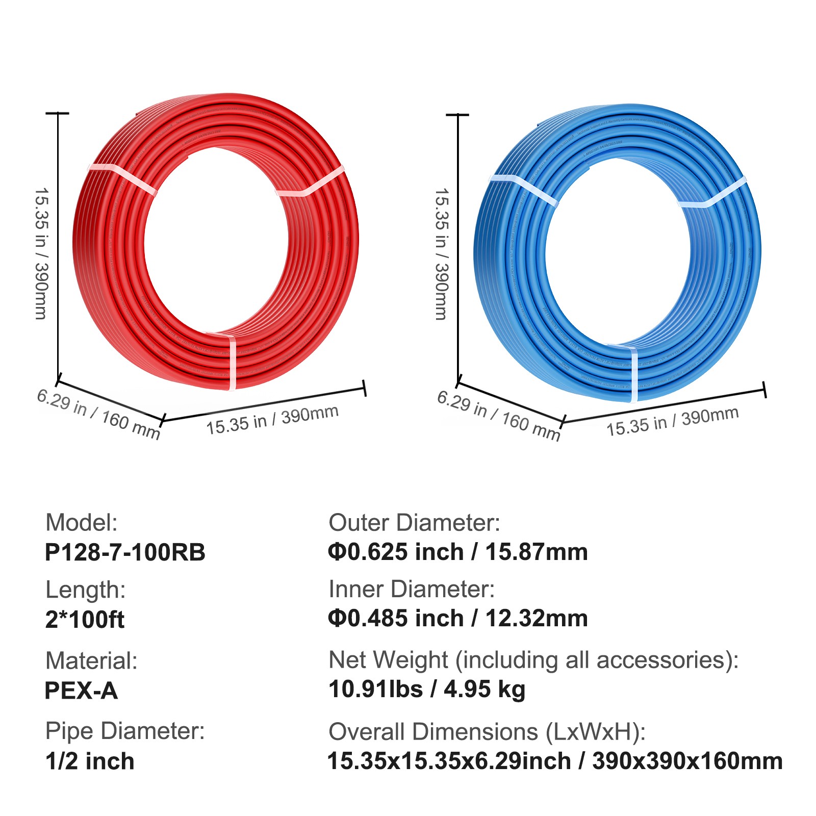 VEVOR 1/2” 2x100ft Blue & Red PEX-A Tubing/Pipe for Potable Water with Cutter