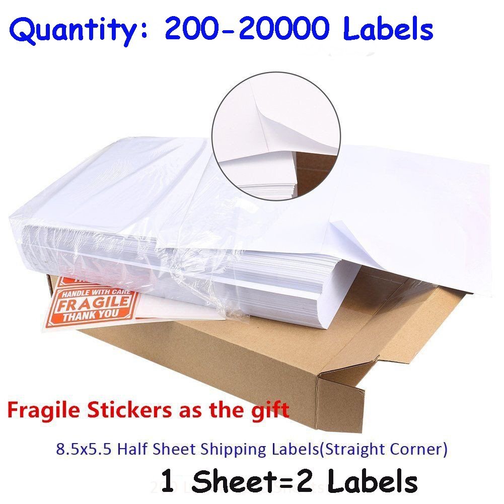 200-20000 Half Sheet Address Shipping Labels 2 Per Sheet 8.5×5.5 Self Adhesive