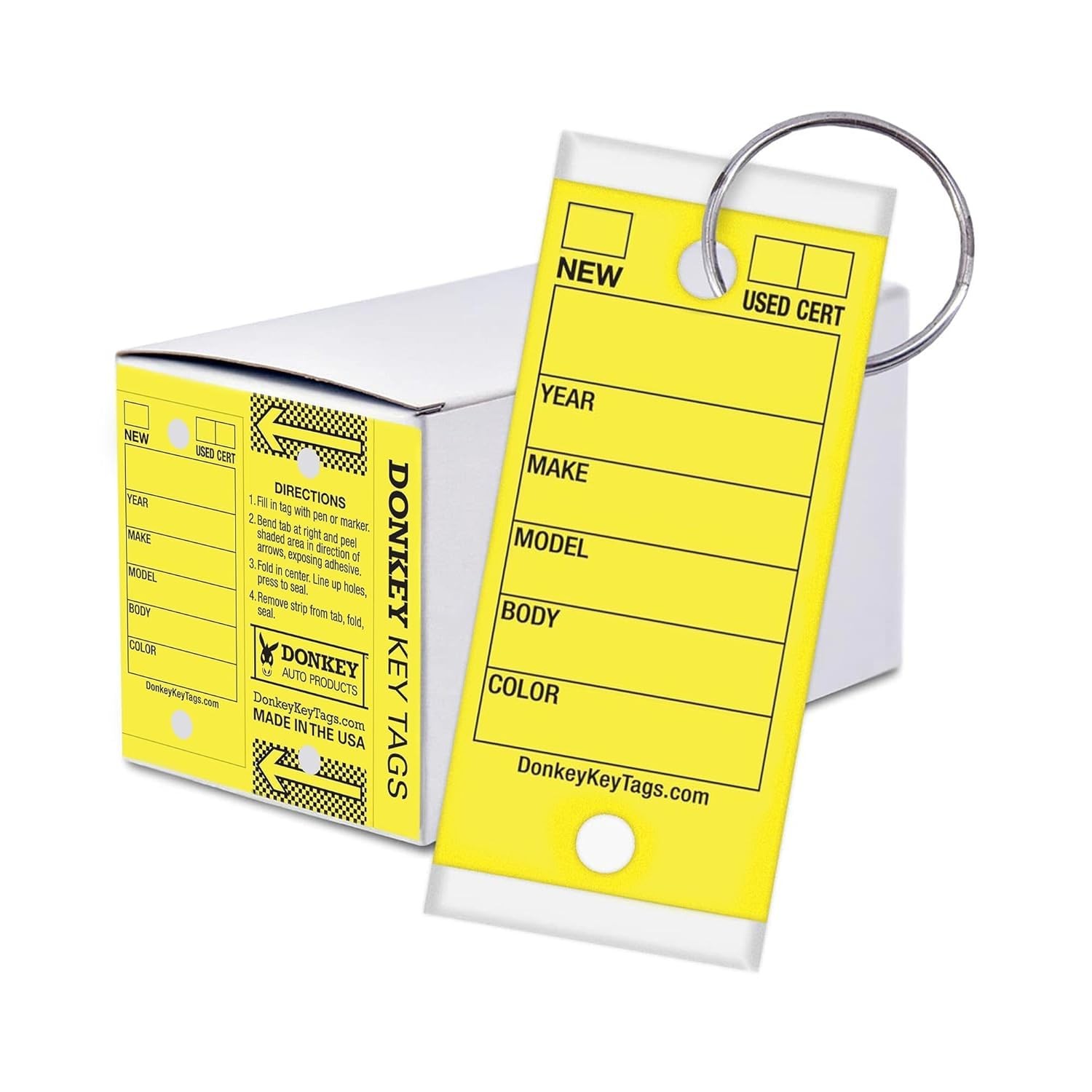 Donkey Laminated Key Tags Self-Protecting 250 Per Box with Metal Rings Yellow