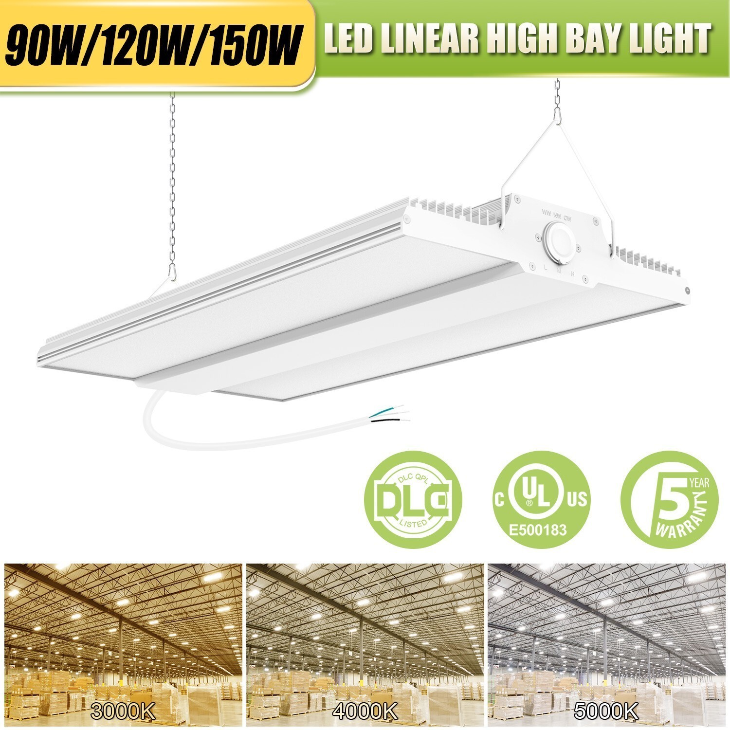 (90W/120W/150W) LED Linear High Bay Light 150LM/W Adjustable Commercial Fixtures