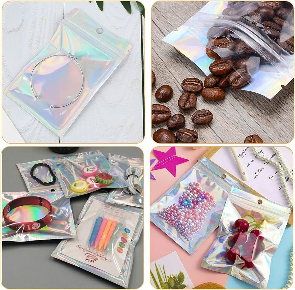 100/200 Resealable Holographic Mylar Foil Bags Zip Lock Pouch Clear Front 3 Size