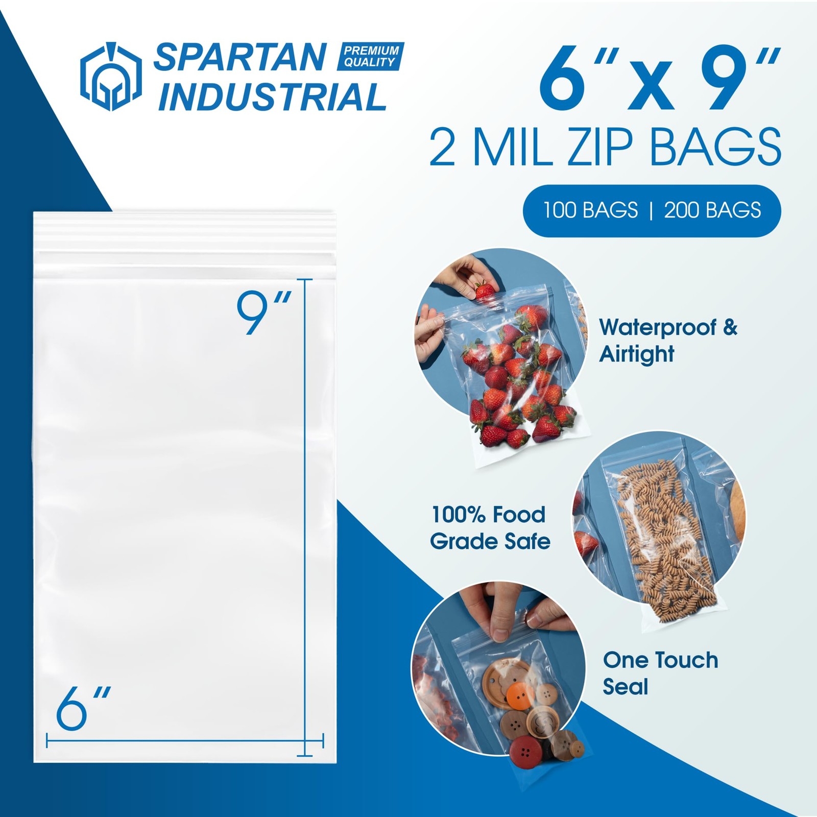 Spartan Industrial-6” X 9” (1000 Count) 2 Mil Clear Reclosable Zip Plastic Poly