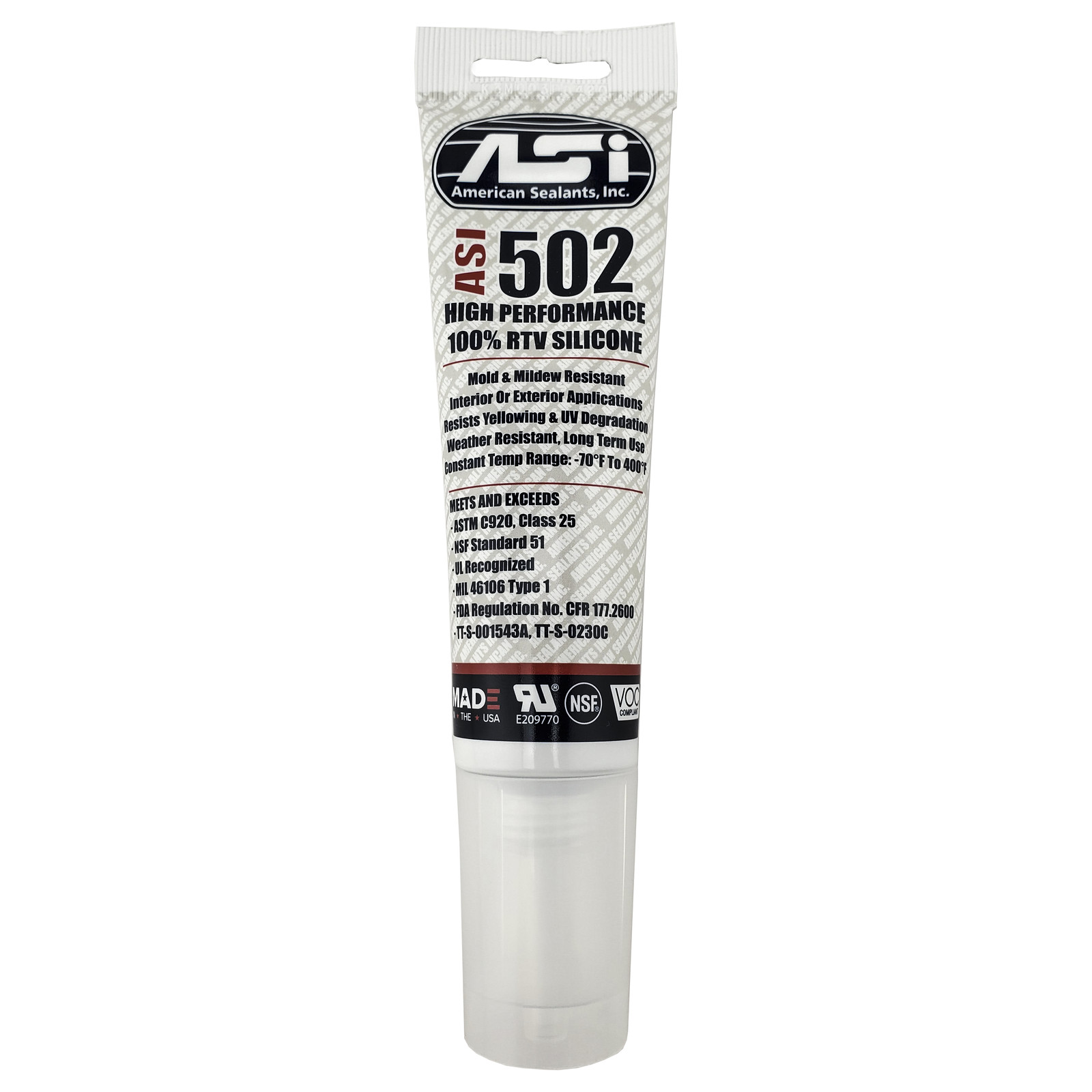 ASI 502 White Food Grade 100% RTV Silicone Sealant – 2.8 Oz Squeeze Tube