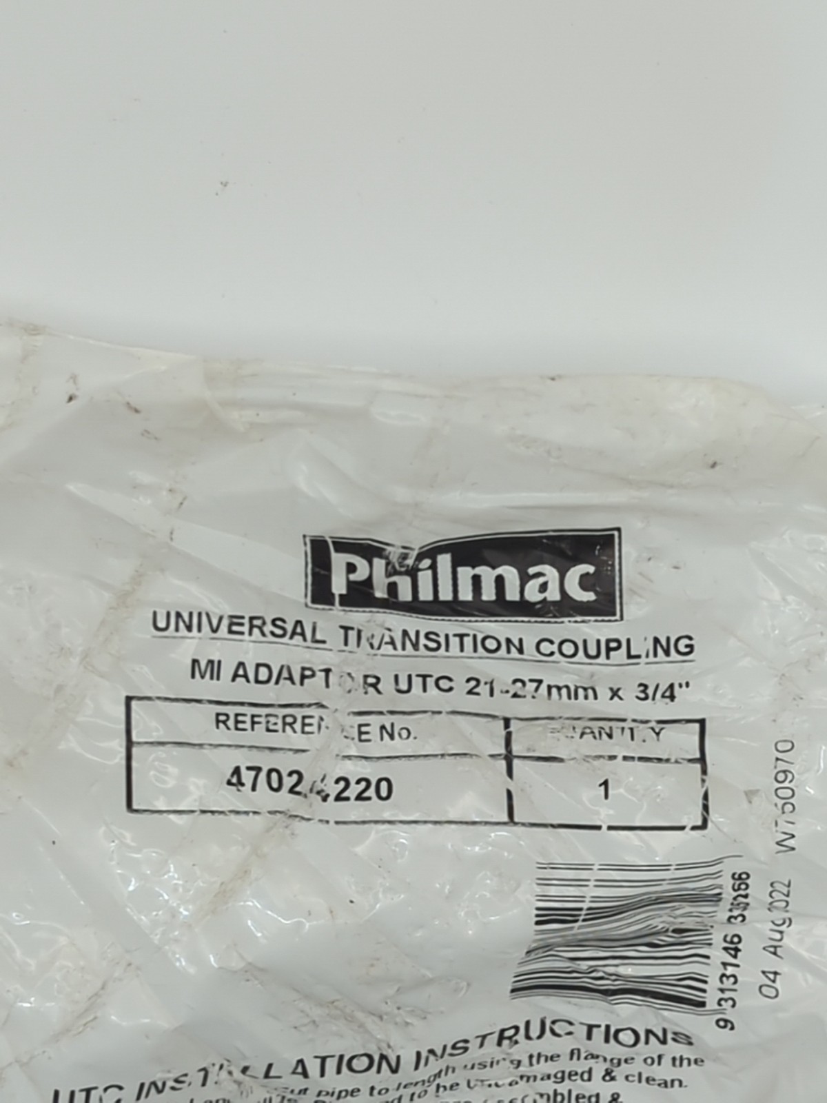 Philmac Universal Transition Coupling MI Adaptor UTC 21-27mm x 3/4″ 47024220 NEW