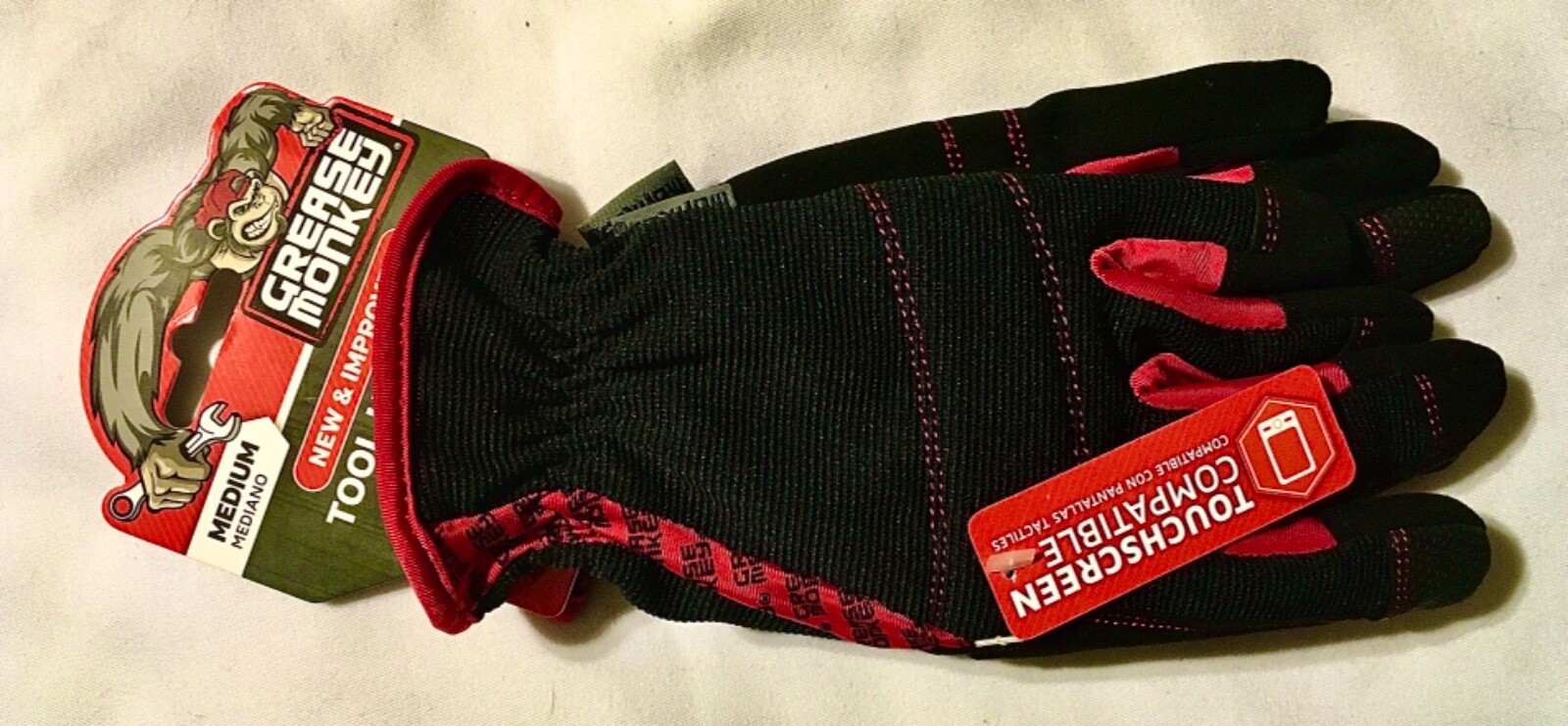 NEW GREASE MONKEY GLOVES SZ MEDIUM TOOL HANDLER RED & BLACK TOUCHSCREEN COMPAT