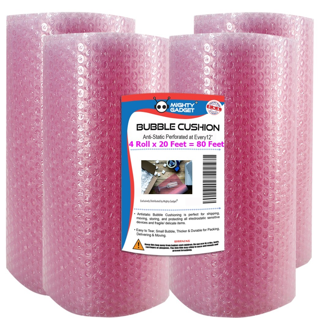 4 Pack Bubble Cushioning Wrap Rolls, Air Bubble, 12 Inch x 80 Feet Total Pink