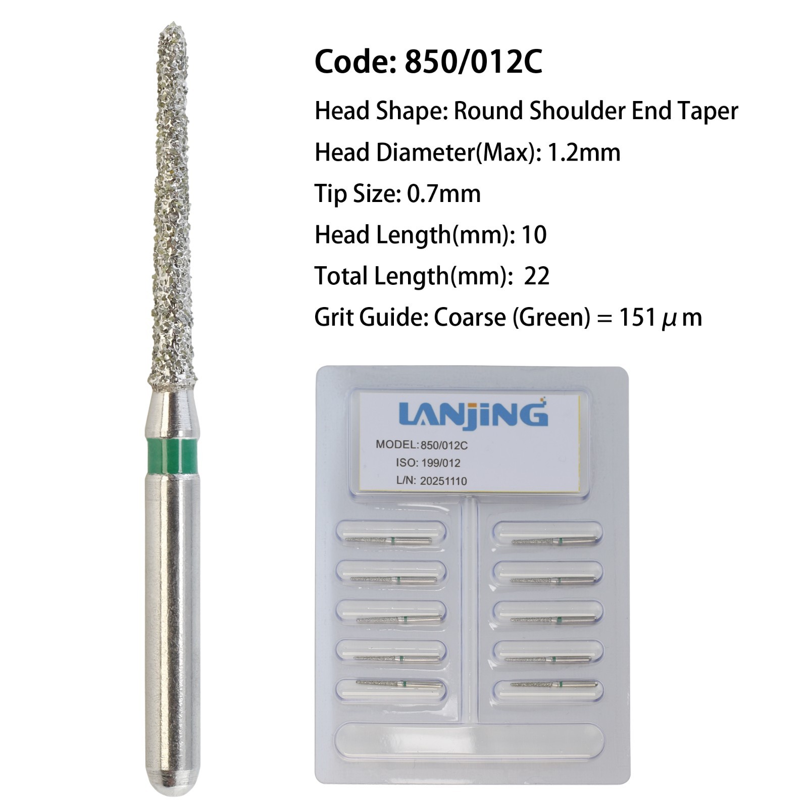 Dental Burs Diamond 850/012C Round Shoulder End Taper High Speed Friction Grip