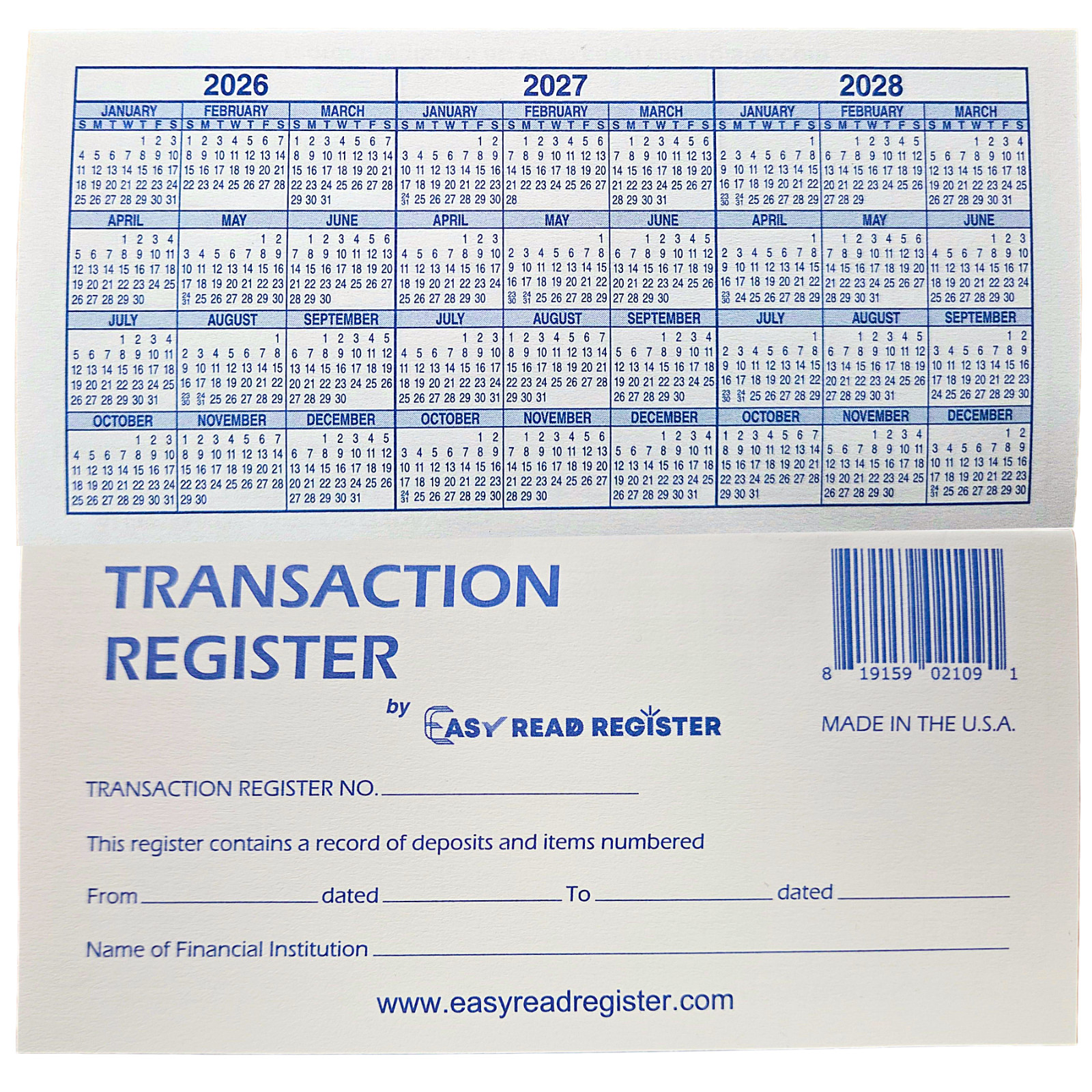 12 Checkbook Transaction Registers 2026-2027-2028 Calendars Check Book Bank