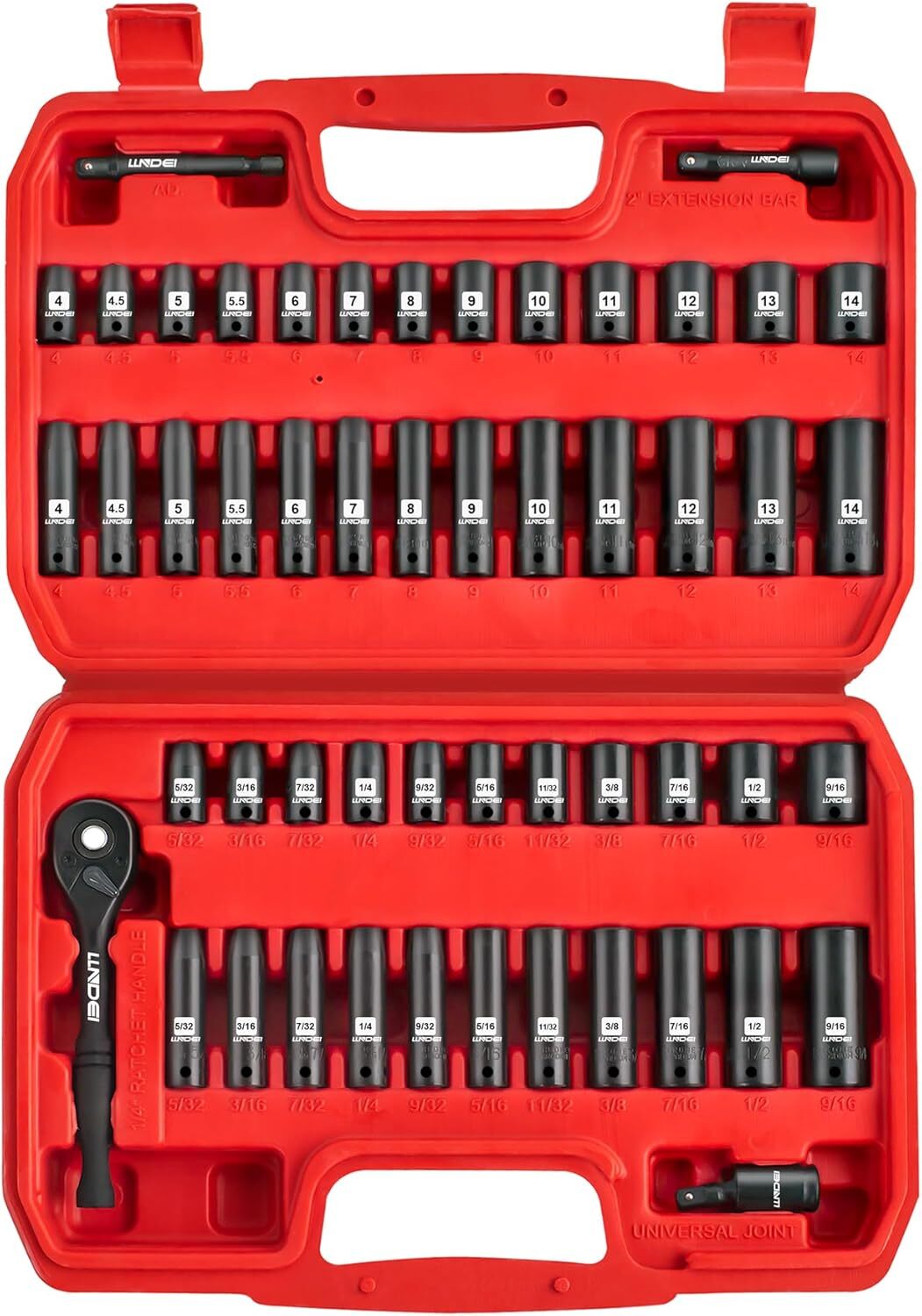 LLNDEI 1/4”Drive Impact Socket Set, 52 PCS 1/4″ Red, Black