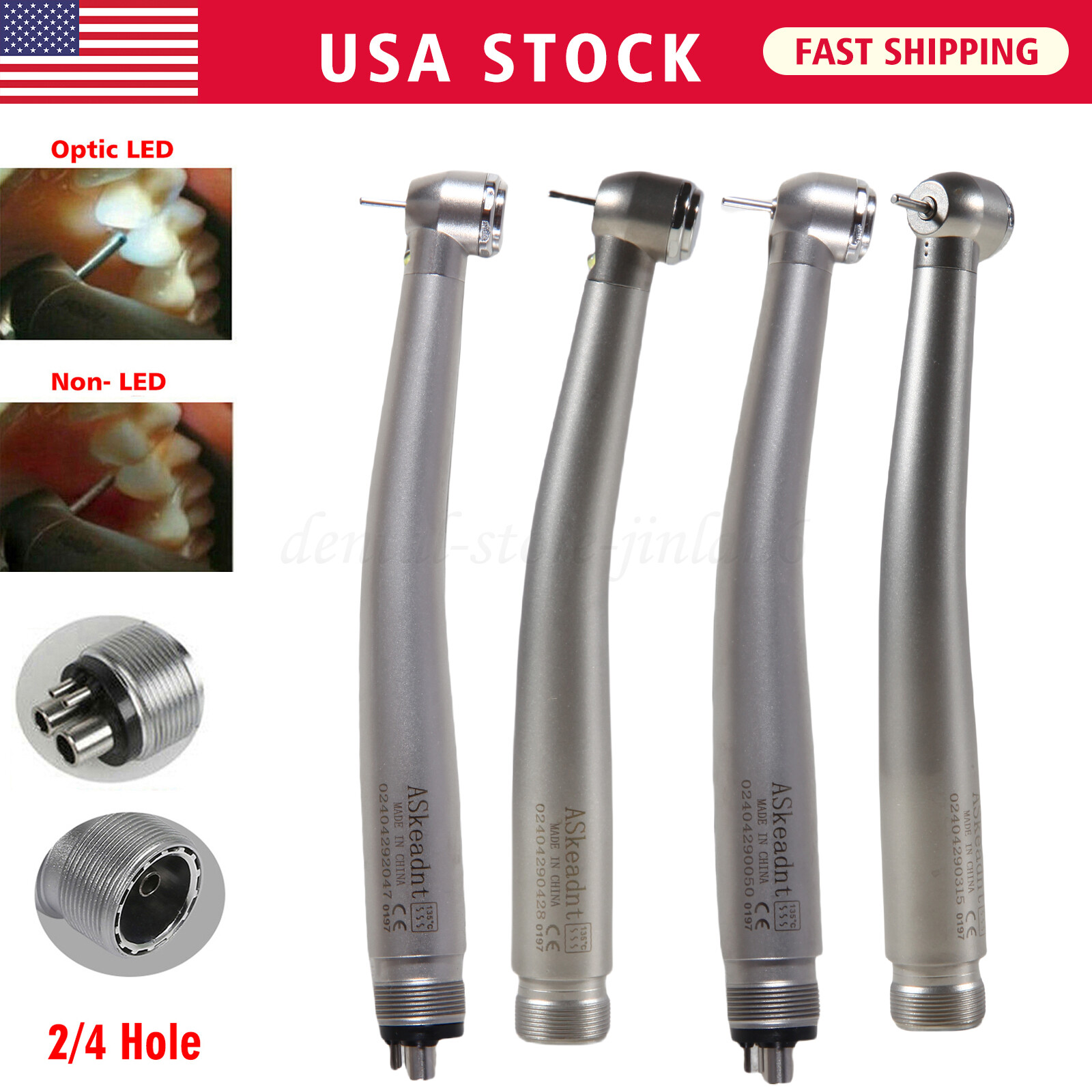 Dental (LED Optic E-generator) Denshine Handpiece High Speed Turbine 2/4Hole USA