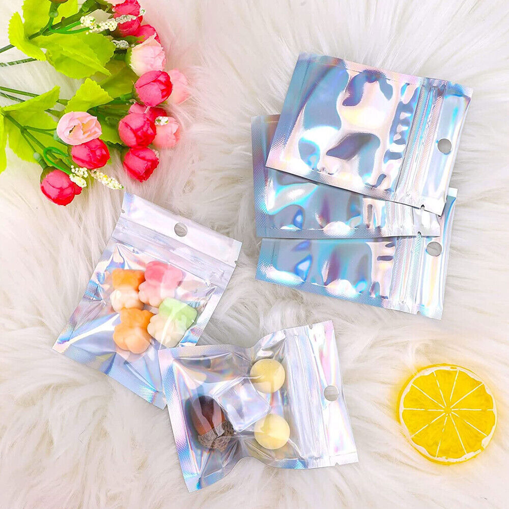 100/200 Resealable Holographic Mylar Foil Bags Zip Lock Pouch Clear Front 3 Size