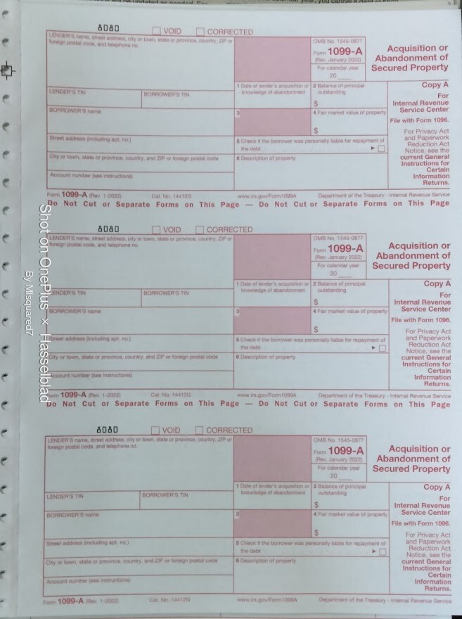 5 SHEETS 1099-A Acquisition/Abandon of Sec Prop & 1096 Transmittal Forms