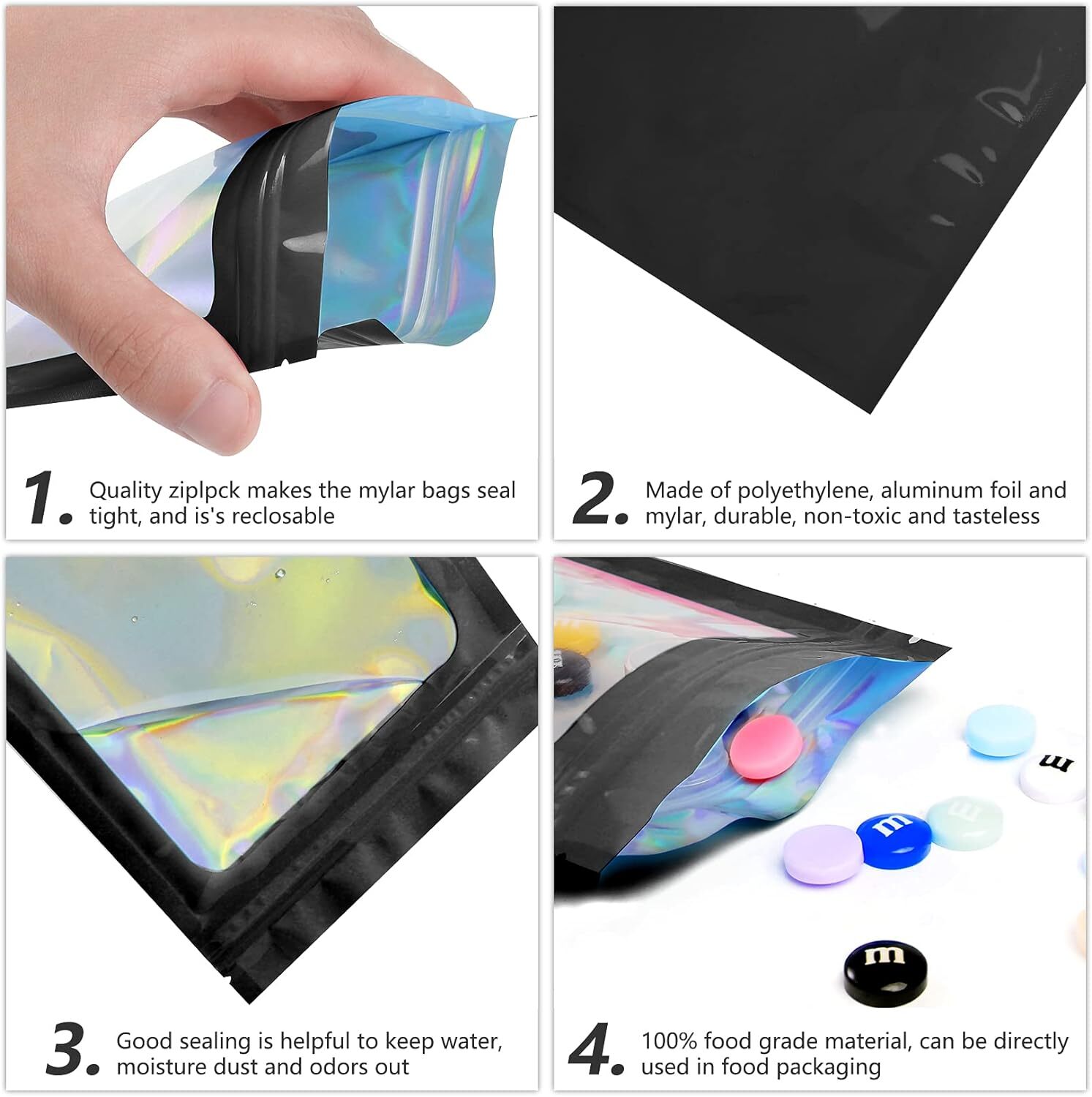 100-200Pcs Resealable Holographic Mylar Foil Bags Smell Proof Zip Seal Pouches