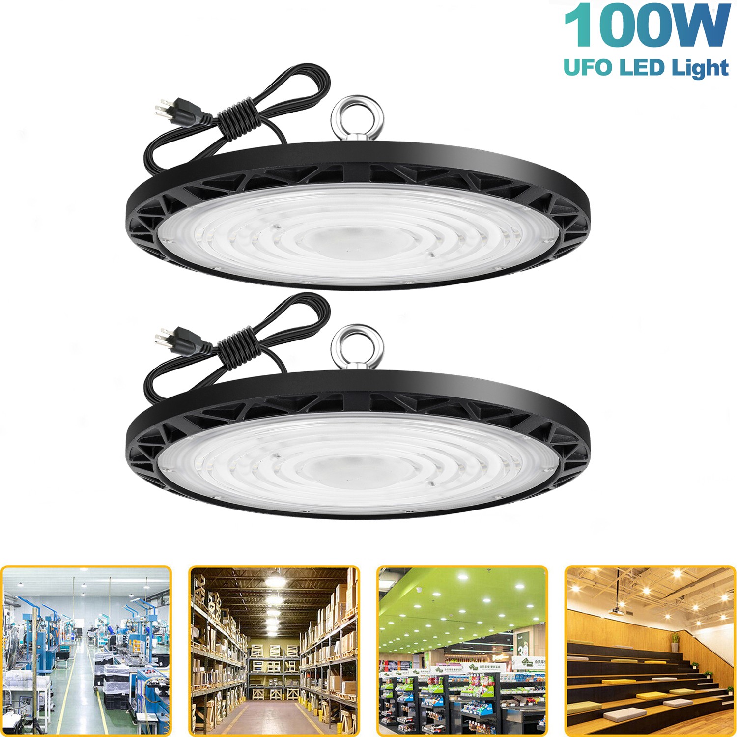 2Pcs 100W UFO Led High Bay Light Industrial Commercial Factory Warehouse 90-277V