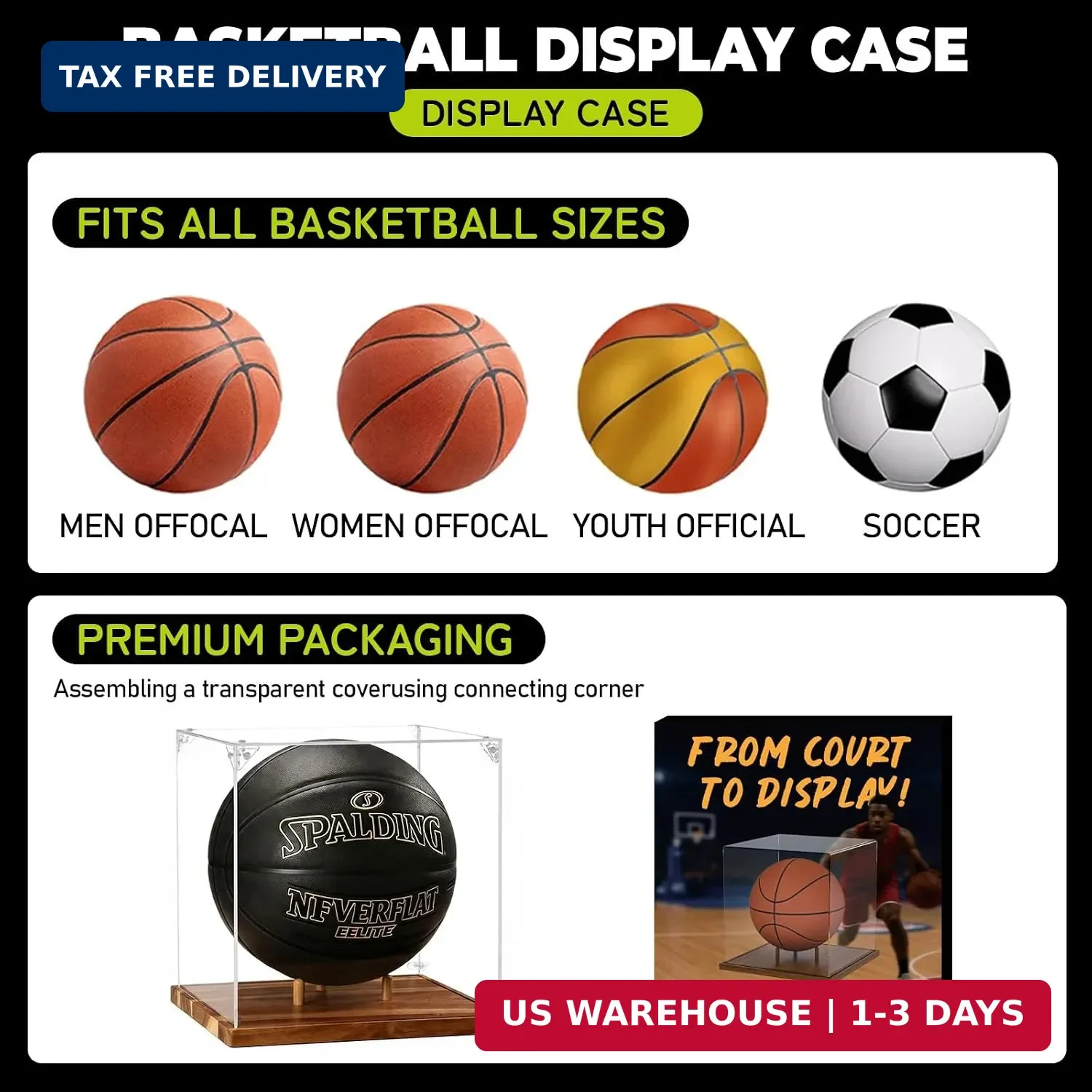 Basketball Display Case Acrylic Clear 10″ Full Size with Solid Wood Base, UV Pro