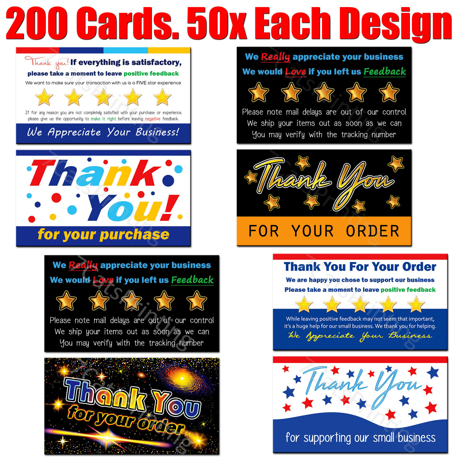 Combo Pack – Thank You Cards for eBay Sellers All 4 Designs 50 of Each = 200