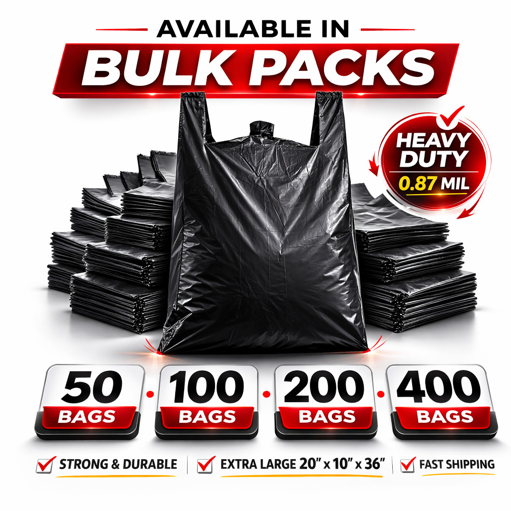 XL Black T-Shirt Bags 20x10x36″ 0.87 Mil HEAVY DUTY Grocery Shopping Plastic