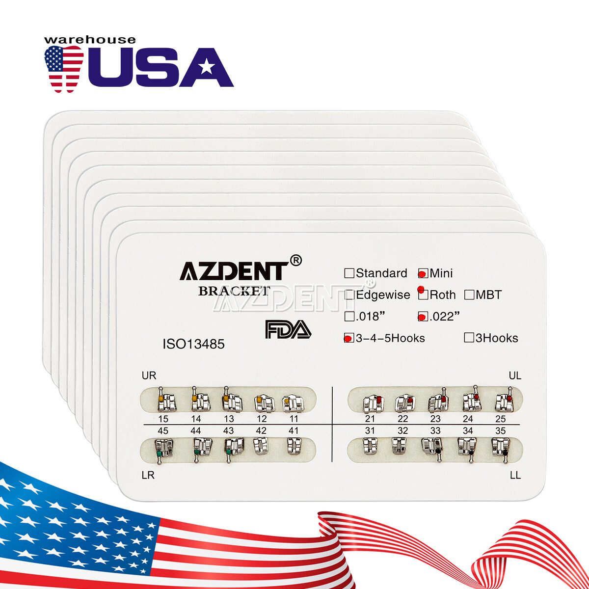 AZDENT Dental Orthodontic Bracket Braces Mini/Standard Roth/MBT 022 Hooks 3-4-5