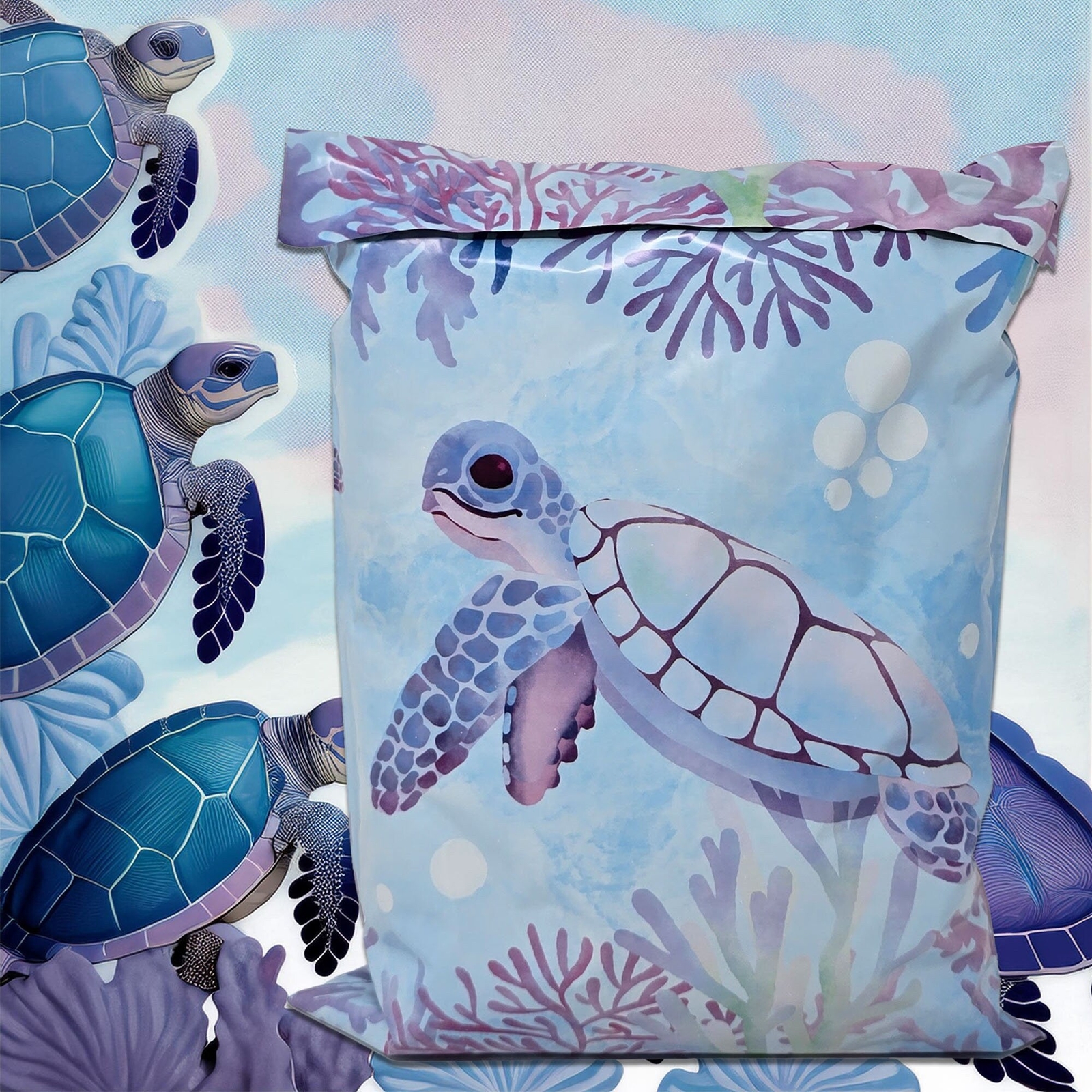 Adorable Sea Turtle 10×13 Poly Mailers Playing in Ocean Designer Cute, Durable,