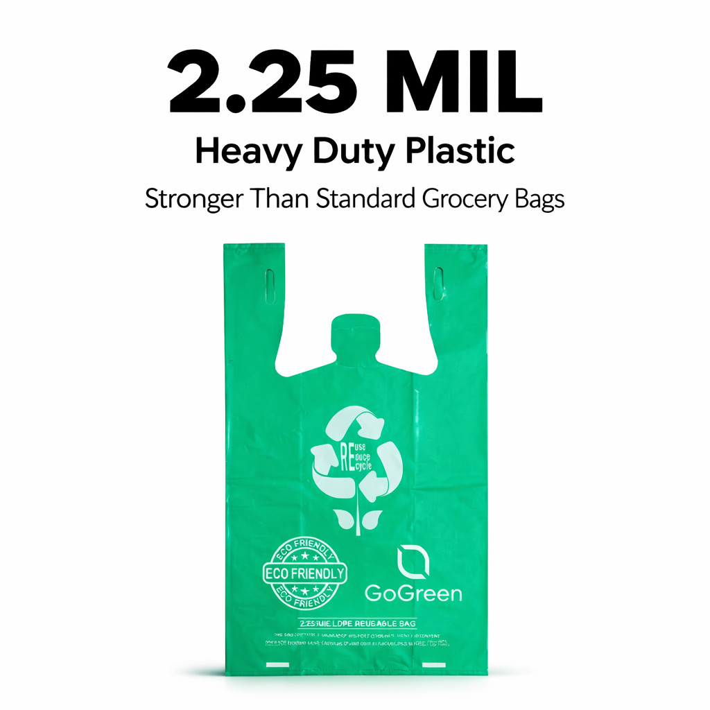 Reusable Grocery Bags 2.25 Mil Heavy Duty Green T-Shirt Bags 1/6 Size Bulk