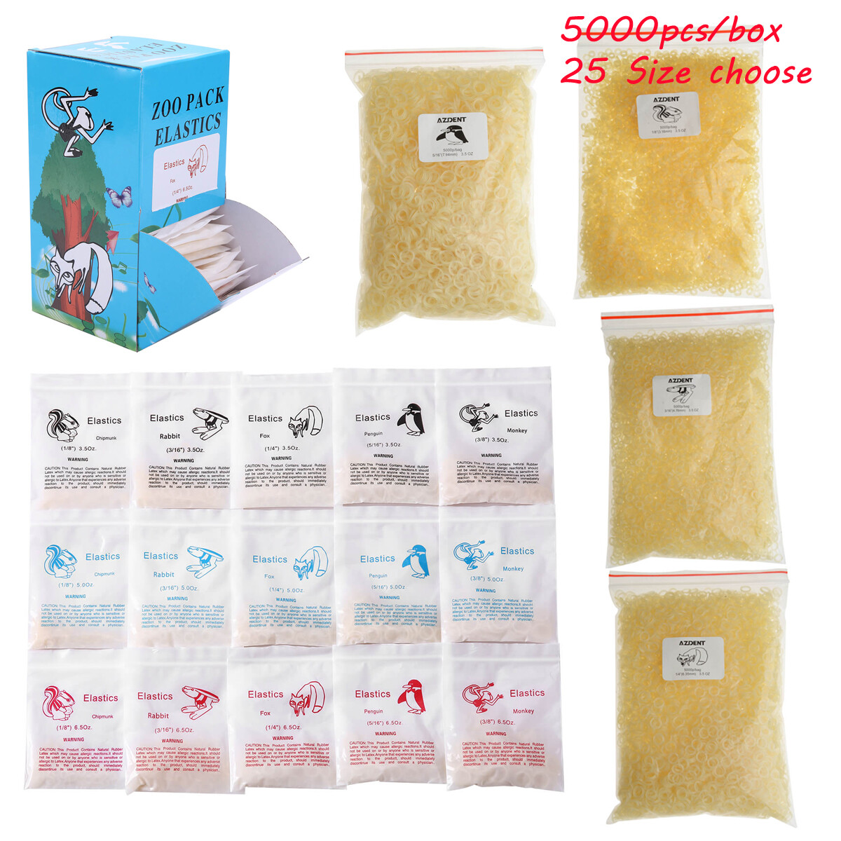 5000pcs AZDENT Dental Orthodontic latex Elastics Rubber Bands Zoo Pack Elastics