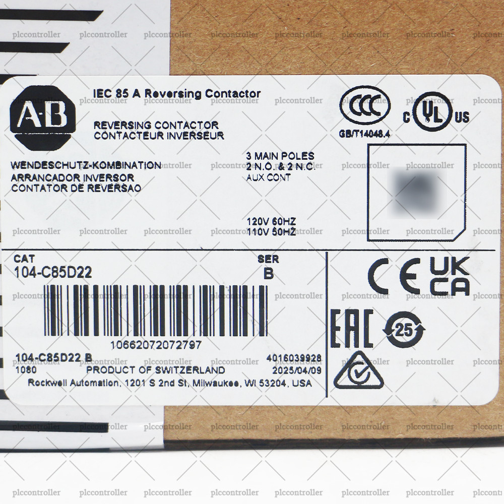 104-C85D22 AllenBradley 104-C IEC 85 A Reversing Contactor 110V 50Hz / 120V 60Hz