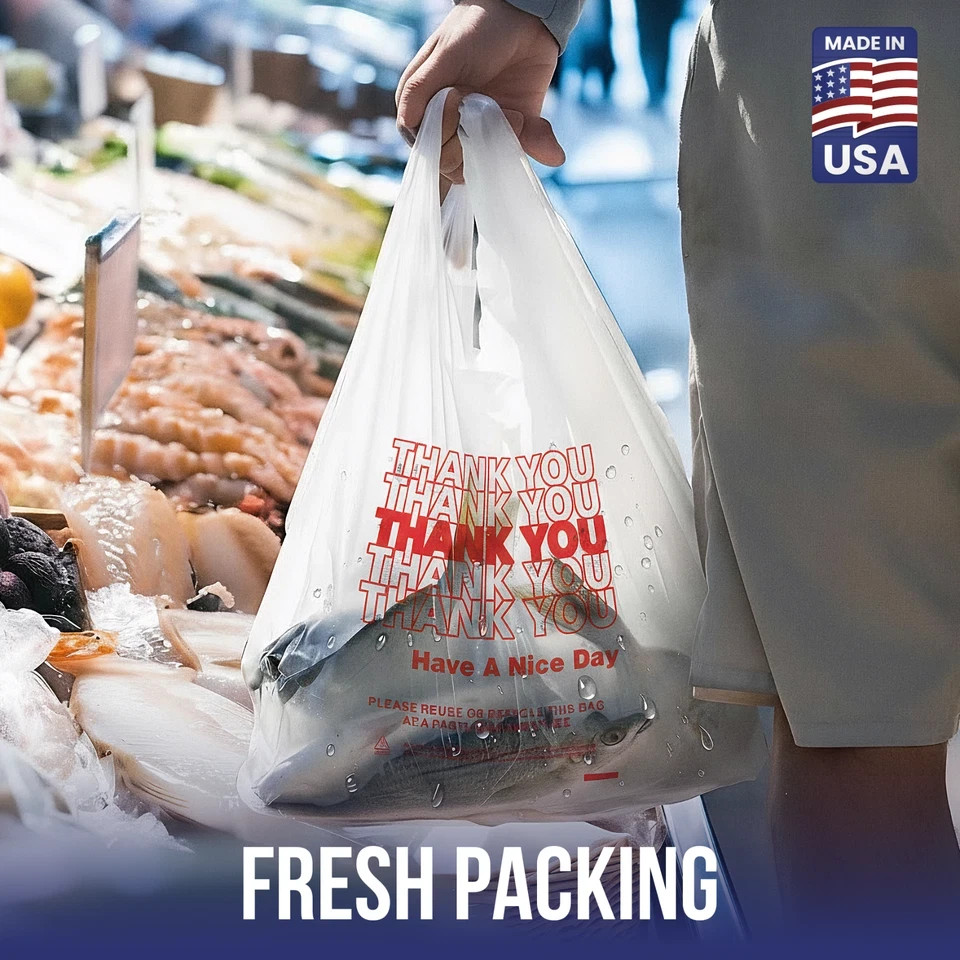 Thank You Plastic T-Shirt Bags 11.5×6.5×21 for Grocery Retail Shopping 50 pack