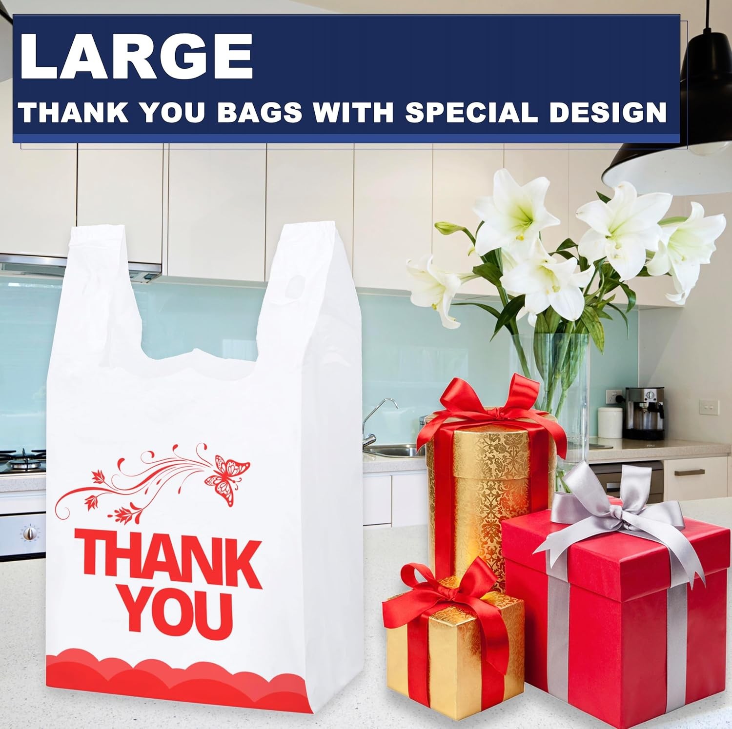 YoYoRain White Thank you bags, 100PCS T shirt To Go Large, Red Design