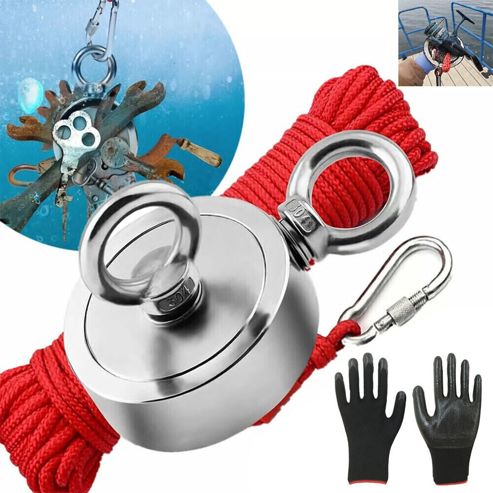 Up to 2000 Lbs Fishing Magnet Kit Pull Force Strong Neodymium + Carabiner + Rope