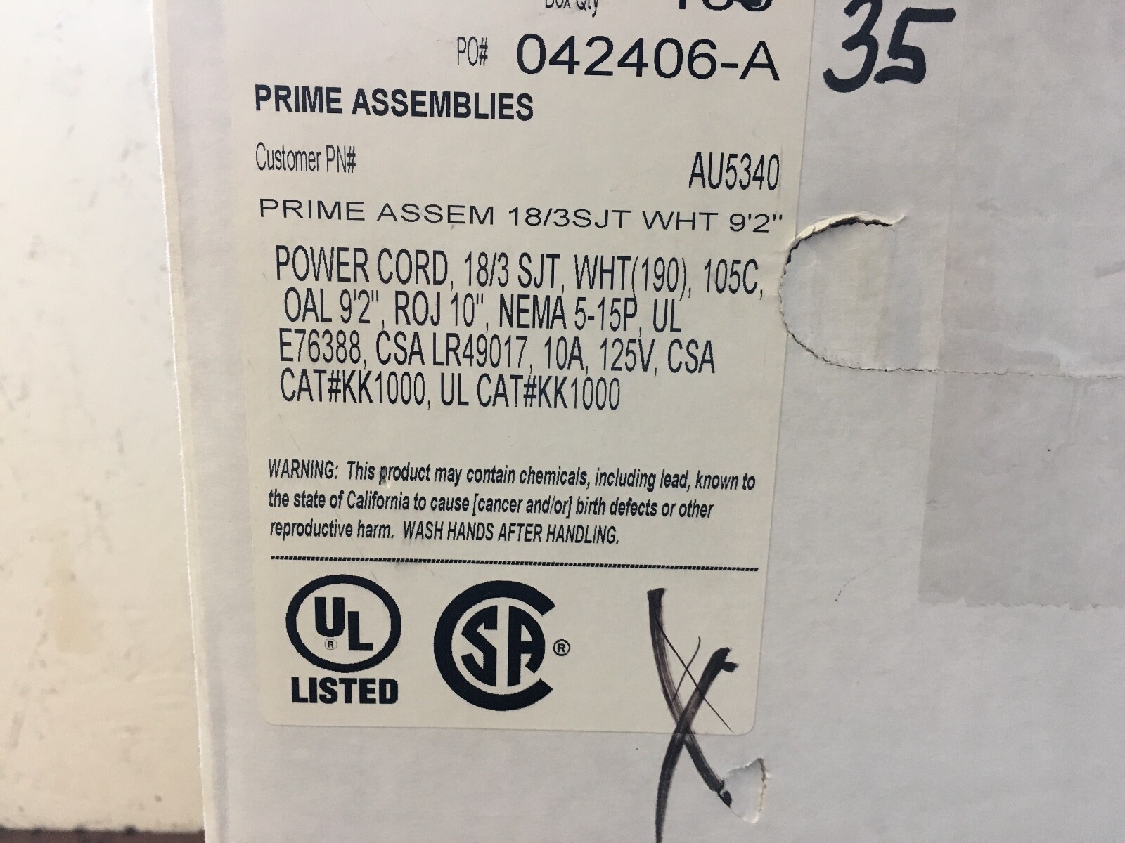 18-3 SJTOW 110″ OVER ALL, WHITE POWER CORD 515 PLUG bundle of 25