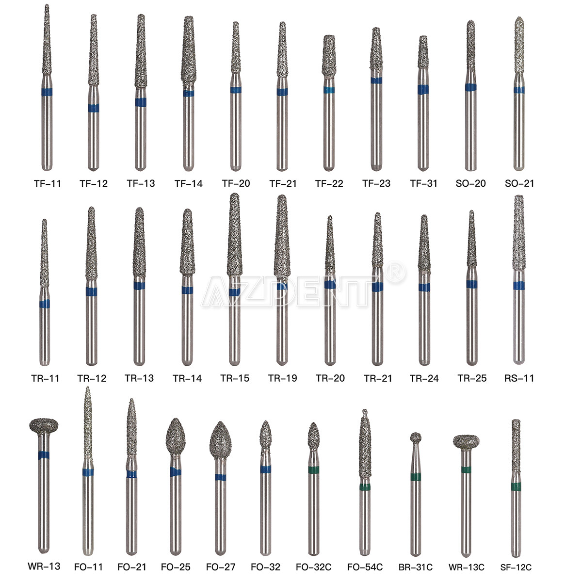 100 Types AZDENT Dental FG Diamond Burs Friction Grip for High Speed Handpiece
