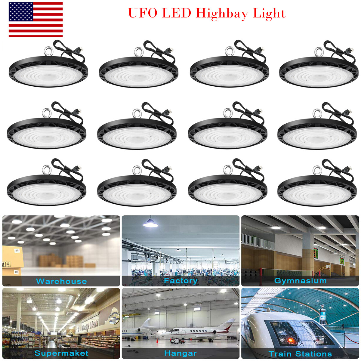 200W 12Pack UFO LED High Bay Light with Hook & Cable for Gym Factory Barn Garage